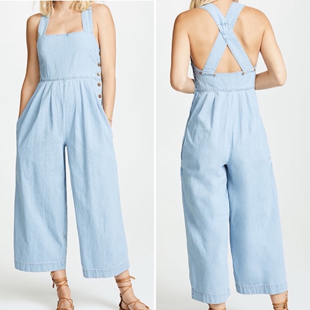 Free People Fara Jumpsuit Cropped Denim Wide Straight Leg Pockets Cotton